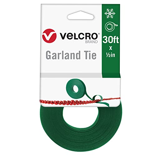 VELCRO Brand Holiday Garland Ties or Cable Straps | Hang Garlands, Lights or Wreath | for Banister, Railings, Stairs or Lamp Posts | 30ft Roll Cut to Custom Length | Green