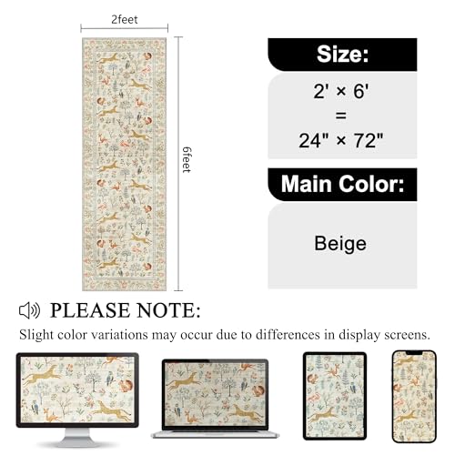 BEIGE 2x6 Runner Rug with Animal Pattern, Washable Non-Slip Kitchen Mat