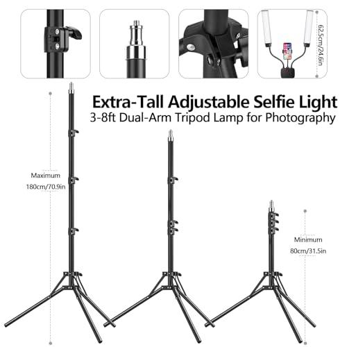 Selfie Light with 75'' Tripod Stand, Dimmable 3 Color LED Dual Arms