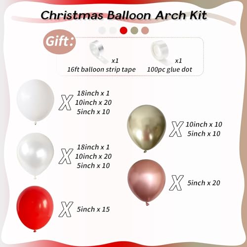 Paeyeq Red White Gold Christmas Balloon Arch Kit 124pcs Holiday Decor