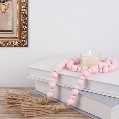 Valentine's Day Wood Bead Garland with Tassels, Farmhouse Rustic Decor Prayer Beads Boho Tassel Garland Decorative Beads for Home Decor (Pink)