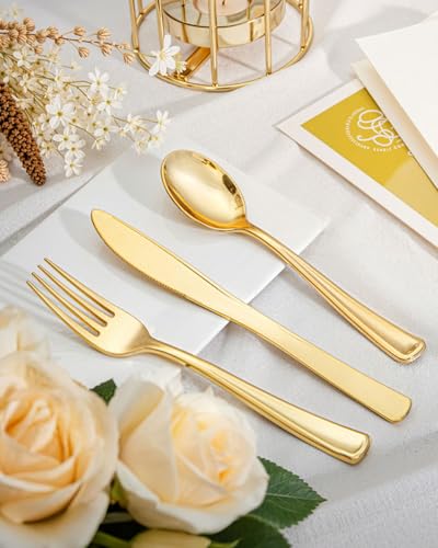 bUCLA 7.4 Inch Gold & Silver Disposable Cutlery Set 600 Pieces for Weddings & Parties