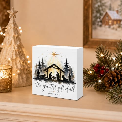 Christian Nativity Wooden Box Sign - Jesus Holiday Decor, 5x5 in