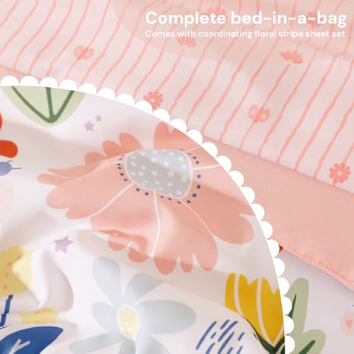 Full Size Pink Floral Comforter Set with Aster Flower Pattern - 7 Pieces, Girl's Bed in a Bag