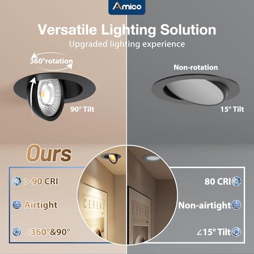 Amico 4 Inch Black Recessed LED Ceiling Light, 5 CCT Gimbal Adjustable Spotlight