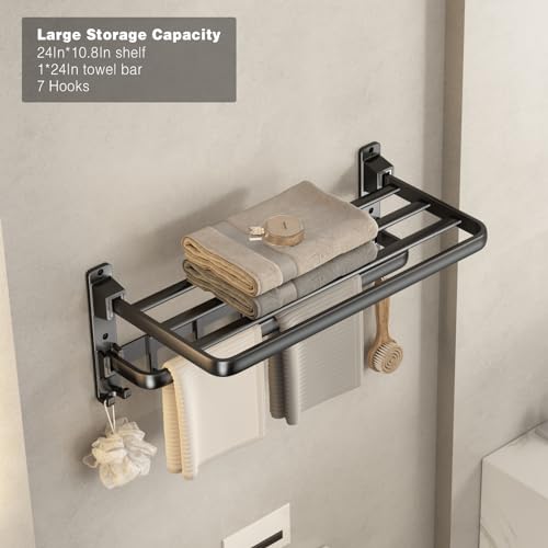 VOLDRA Matte Black 24-Inch Wall-Mounted Towel Rack with Foldable Towel Bar and 7 Hooks