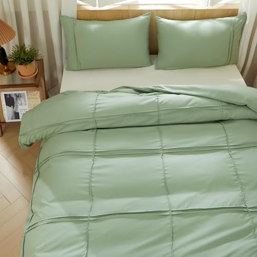AiMay Duvet Cover Set Queen Pintuck Pleated 3 Pieces—Green, Zipper & Corner Ties