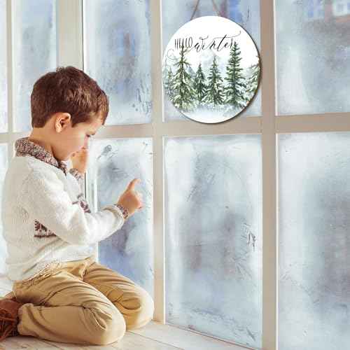 Whaline Christmas Hello Winter Wooden Hanging Sign Christmas Pine Trees Welcome Door Sign Xmas Winter Holiday Farmhouse Rustic Wreath Sign for Indoor Outdoor Home Wall Window Decor