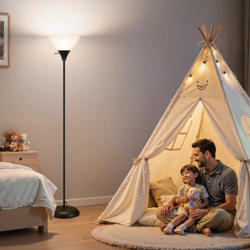 Black Floor Lamp with Remote & Dimmable LED Bulb - Modern Torchiere Standing Light