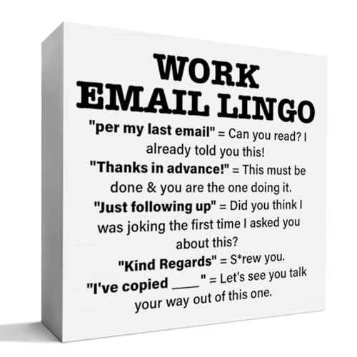 Funny Office Desk Decor Wooden Sign, Sarcastic Office Decoration for Work Women Men, Gifts for Coworker Colleague Boss, Work Email Lingo