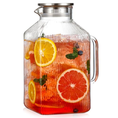 Snuvid 1 Gallon Square Classic Stripes Glass Pitcher with Lid - Vintage Style, Large Capacity, Dishwasher Safe, for Iced Tea & Beverages (Variation 1)