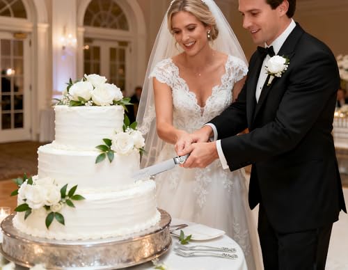 Wedding Cake Cutting Set with Crystal Champagne Flutes - Silver Petal Rhinestones
