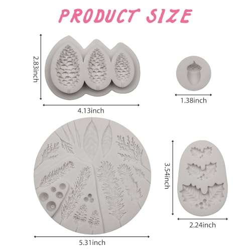 Christmas Pine Cone and Holly Leaves Silicone Molds Set, Winter Leaves Fondant Chocolate Candy Molds for Cake Decorating