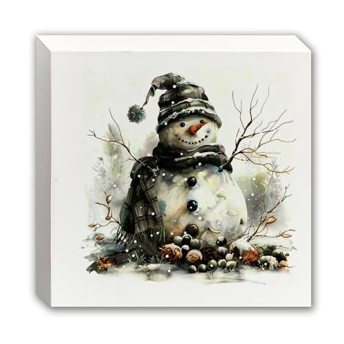 XUNLURY White Rustic Christmas Snowman Wooden Sign 5x5 Inch Holiday Decor