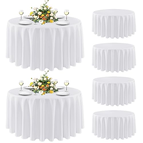 Round Tablecloth 120 Inch White - Pack of 6, Durable Polyester, Stain-Resistant