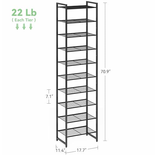Nunsino Narrow 10-Tier Metal Shoe Rack - Black, Space Saving, Adjustable Storage
