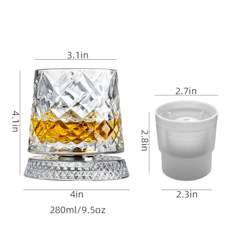 4PCS Spinning Whiskey Glass Set 9.5oz Lead-Free Crystal with LED Bases & Ice Molds