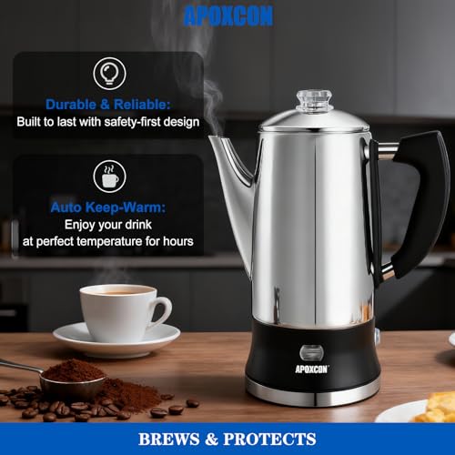 Electric Coffee Percolator 12 Cups Stainless Steel Glass Top Keep Warm Cordless