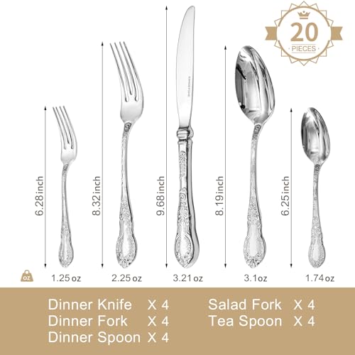 KINGSTONE 20-Piece Vintage Flatware Set for 4 - Silver 18/10 Stainless Steel