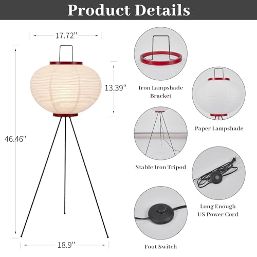 Japanese Rice Paper Floor Lamp W18xH48 Inches - White Akari Noguchi Style with 3CCT Bulb Included