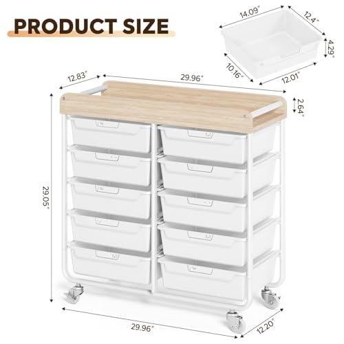 TOOLF White 10 Drawer Mobile Craft Storage Cart with Wood Top