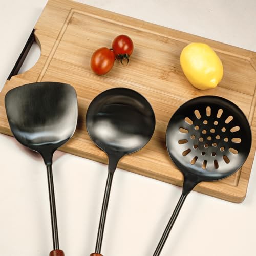 FJNATINH 3-Piece Black Stainless Steel Wok Spatula and Ladle Set, 17-inch Kitchen Utensils
