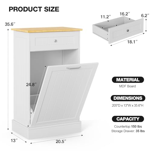 White 10 Gallon Tilt Out Trash Cabinet with Single Door - Wooden Recycling Bin