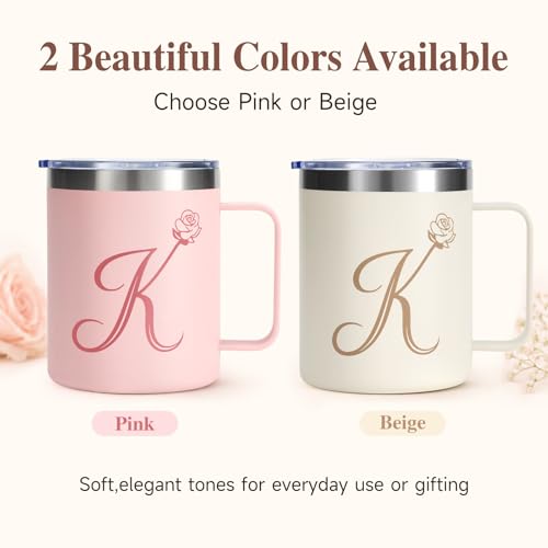 Beige Personalized Monogram K Floral 12oz Insulated Travel Mug with Handle & Lid