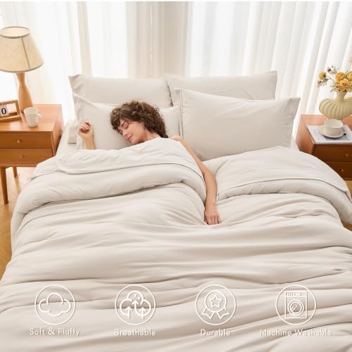 Full Comforter Set 7 Pieces - Beige / 82x86 Bed in a Bag, Soft Breathable Microfiber