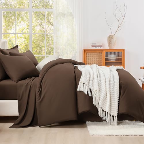 Litanika Brown King Comforter Set with Sheets - 7 Pieces, Solid Bed in a Bag, 104x90 Inches