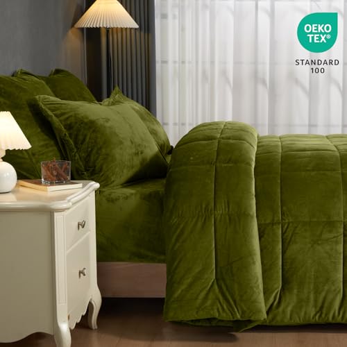 Double Velvet Comforter Set - King Olive Green 5-Pc Winter Bedding
