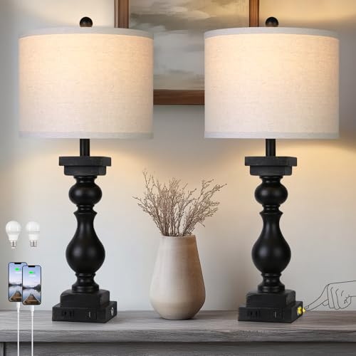 Black Farmhouse Table Lamps Set of 2 with USB A+C & AC Outlets - 28 Inch Touch Rustic Bedside Lamps