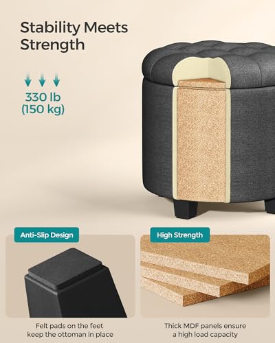 Round Storage Ottoman with Linen-Look Fabric - Dark Gray, 17.7 Inch