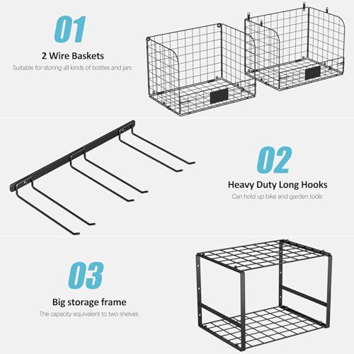 Heavy Duty Wall Mounted Garage Shelf with Wire Baskets & Tool Storage