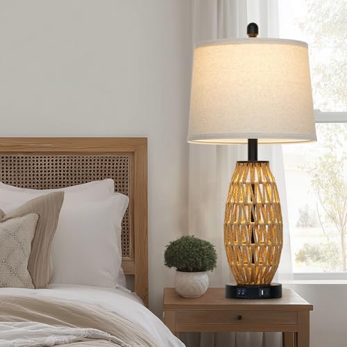 CINSARY 27-Inch Rattan Table Lamps Set of 2 - Boho Bedside & Living Room Decor with USB Charging Ports
