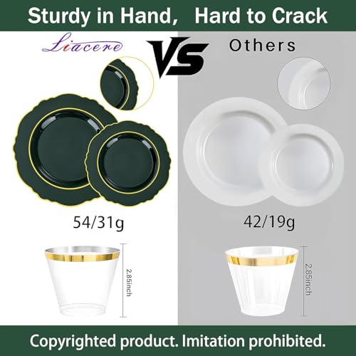 Liacere Green Plastic Plates 350pc Set with Gold Rim, 50 Guests Includes Napkins, Silverware & Cups - Green/Gold, 50 Dessert Plates