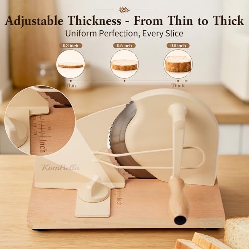 Beige Sourdough Bread Slicer with Adjustable Thickness & Hand Crank, Wooden Base & Safety Guard