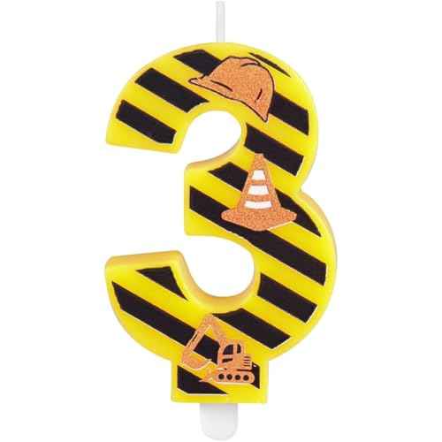 Construction Theme Birthday Candle, Construction Birthday Cake Toppers for Boys, Number 3 Candle, Yellow Black Stripes Birthday Candle for Themed Birthday Party Decoration Supplies Favors Gifts