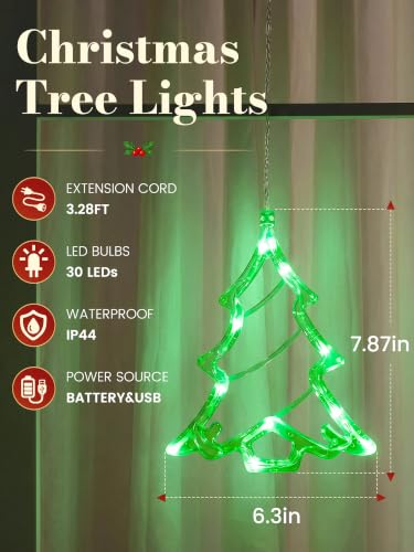 Hanging Window Lights, 30 LED Green Christmas Tree – Battery/USB Powered (Tree Theme) by Briteglotec