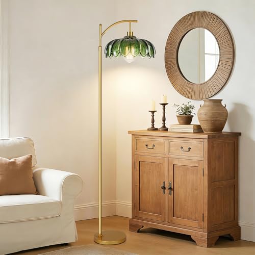 ILLMTW Gold Floor Lamp - 2 Variation Mid Century Modern Dimmable Arc Lamp with Remote & Green Glass Shade