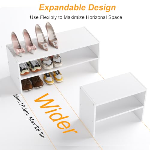2 Pack White Adjustable Shoe Racks - 2-Tier Expandable Closet Shoe Organizers