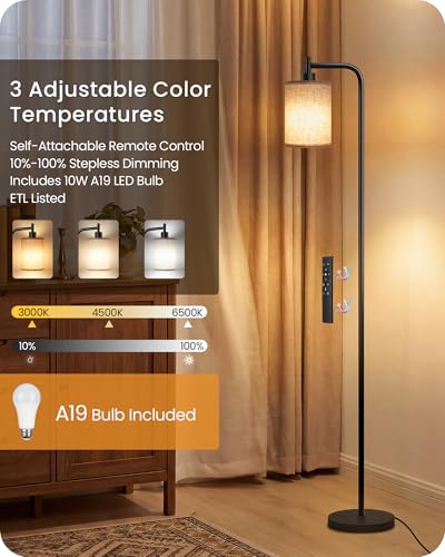 Dimmable Floor Lamp with Remote & 10W Bulb - Black + Beige Modern Living Room Light