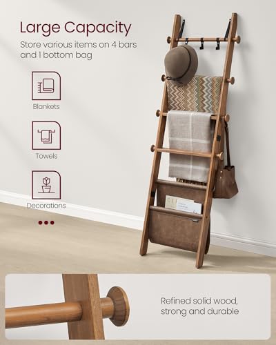 VASAGLE 5-Tier Pine Wood Blanket Ladder with Caramel Brown Finish and Leather Bag