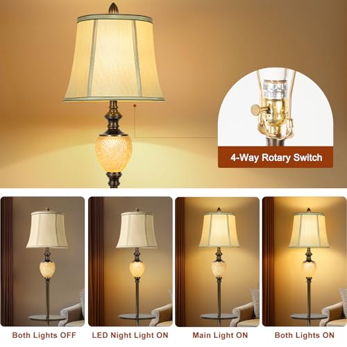 Dark Brown 64-Inch Vintage Floor Lamp with Tray & Nightlight, Faux Silk Shade