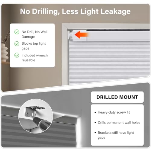Cordless Blackout Cellular Shades - White, 34 x 64 Inches, No Drill Installation Variation: White/34W x 64H