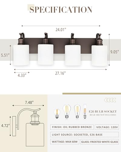 JAZAVA 4-Light Bathroom Vanity Light Fixture with Frosted Glass & Oil Rubbed Bronze - Includes Variation with 2 or 4 Lights