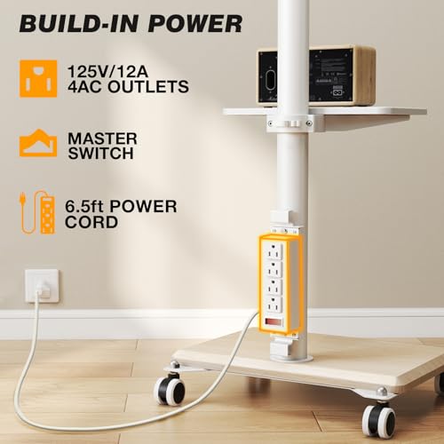 5Rcom White Rolling TV Stand with Power Outlet, Swivel & Height Adjustable for 32-60 Inch TVs