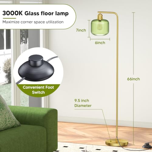 Green Ribbed Glass Floor Lamp - 66-Inch Tall Standing Lamp for Living Room - Gold Finish - Anti-Tip Base & Smart Foot Switch