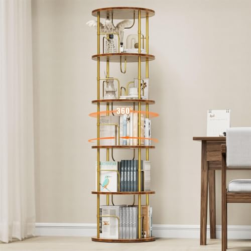 Round 5-Tier Rotating Bookshelf - Gold, Narrow Space-Saving Spinning Bookcase