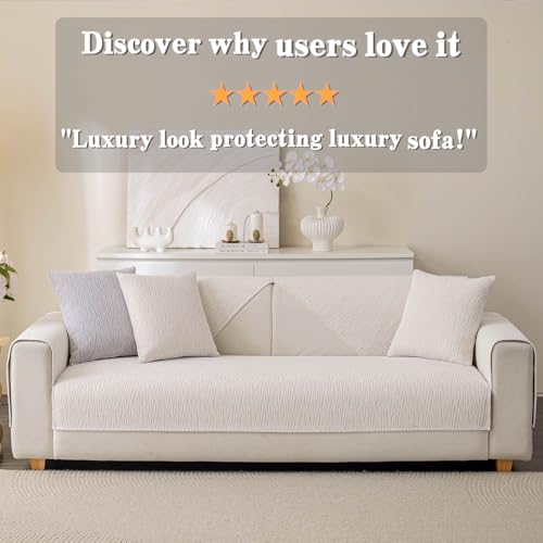 Aucrovee 1pc Waterproof Chenille Sofa Cover for 3 Cushion Sectional White 36x94 inches - Non-Slip, Washable Pet & Furniture Protector